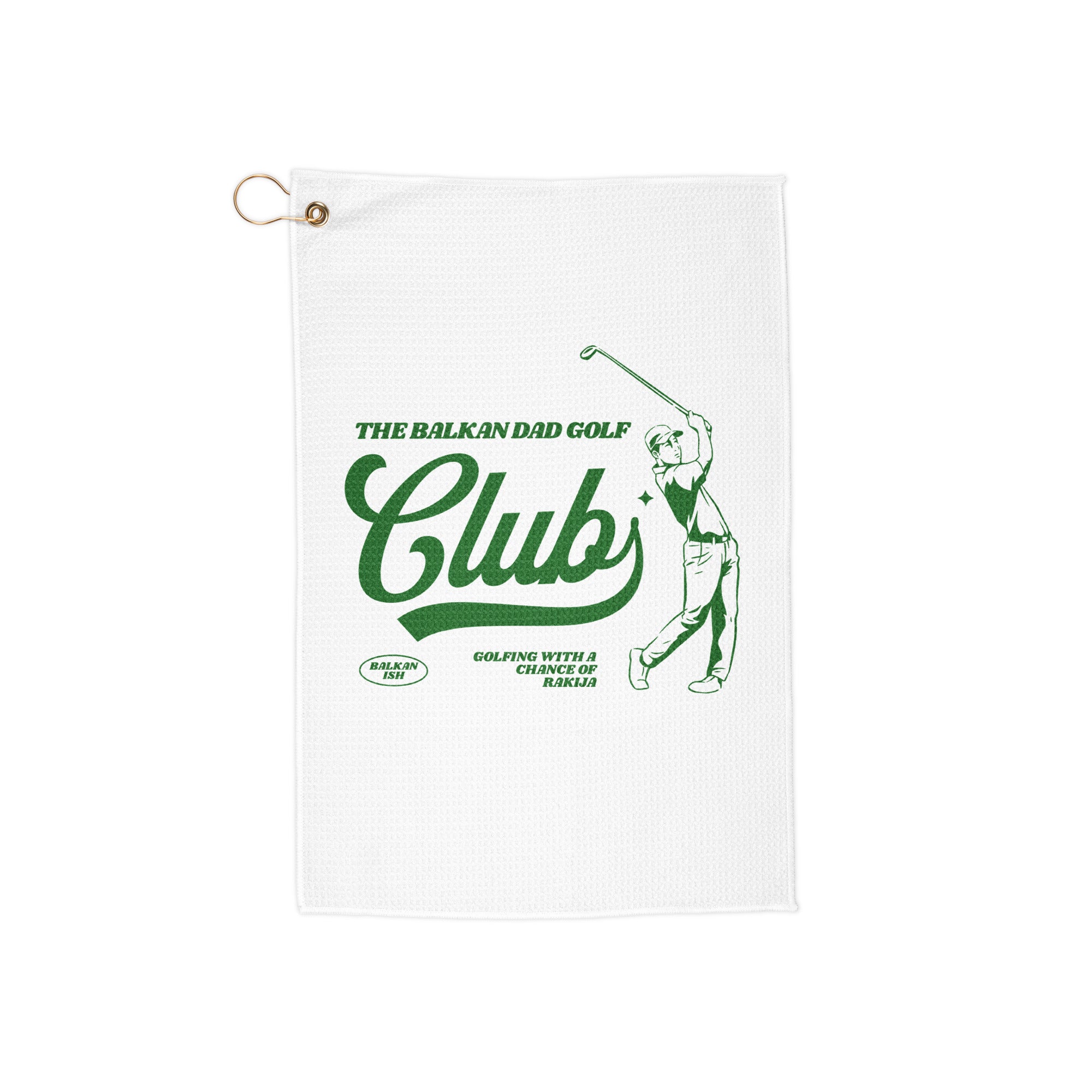 golf towel with balkan dad golf club design and vintage golfer illustration
