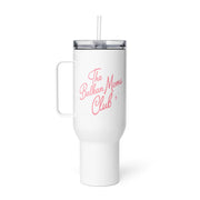 White insulated tumbler with handle and pink text reading “The Balkan Moms Club” printed on the front.