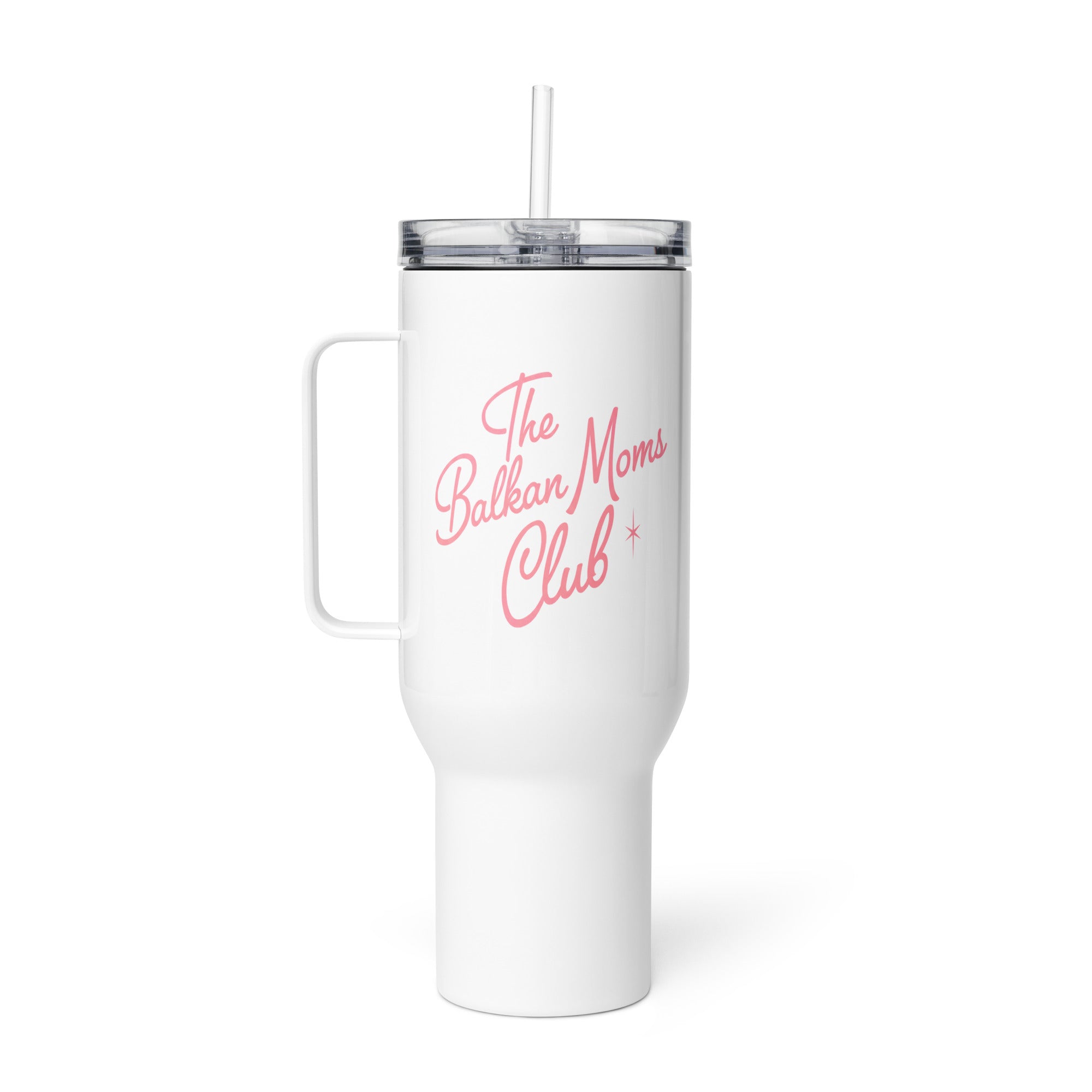 White insulated tumbler with handle and pink text reading “The Balkan Moms Club” printed on the front.