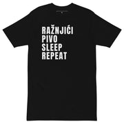 black t-shirt with text Ražnjići Pivo Sleep Repeat