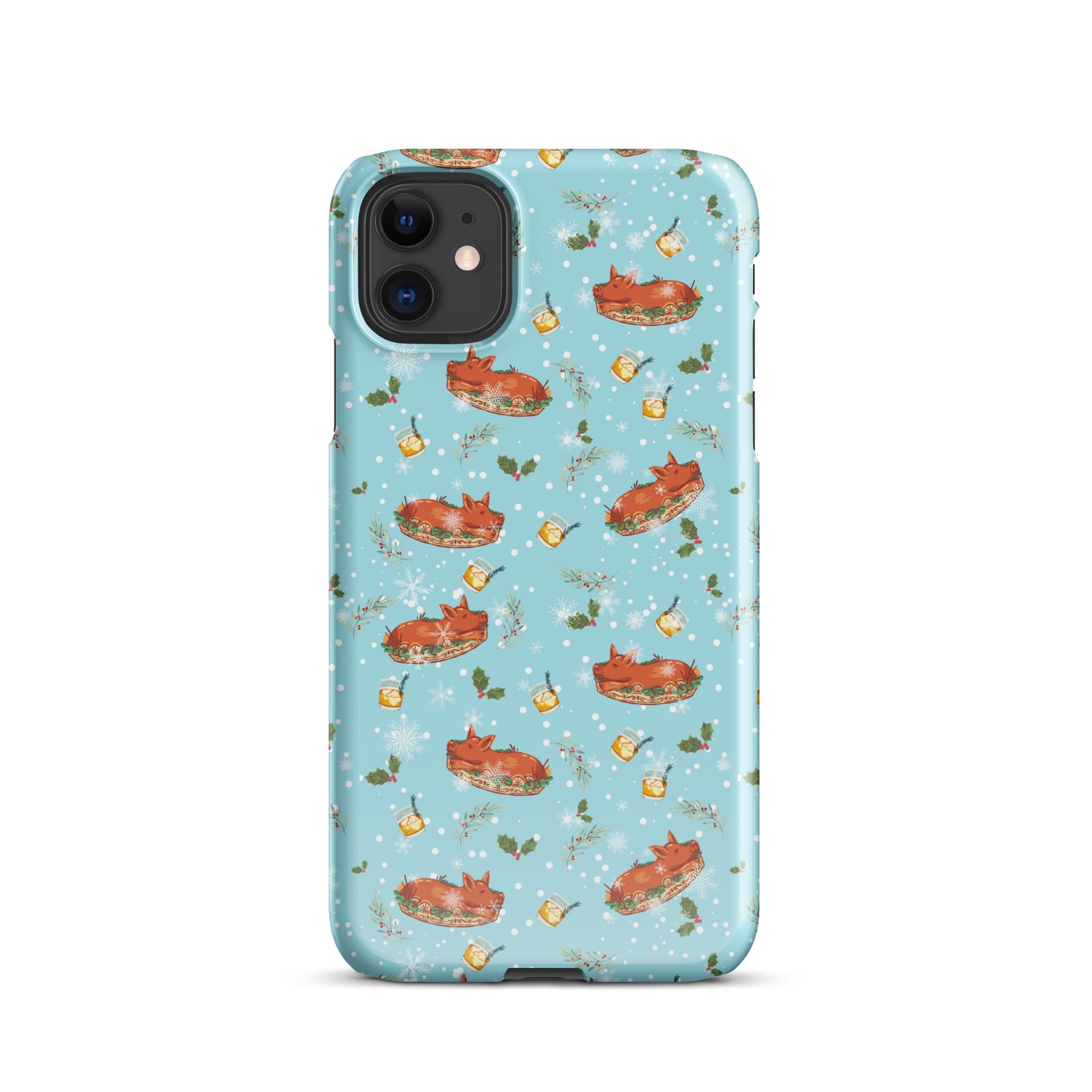 Light blue phone case with roasted pig, rakija bottle, snowflakes, and Christmas pattern.