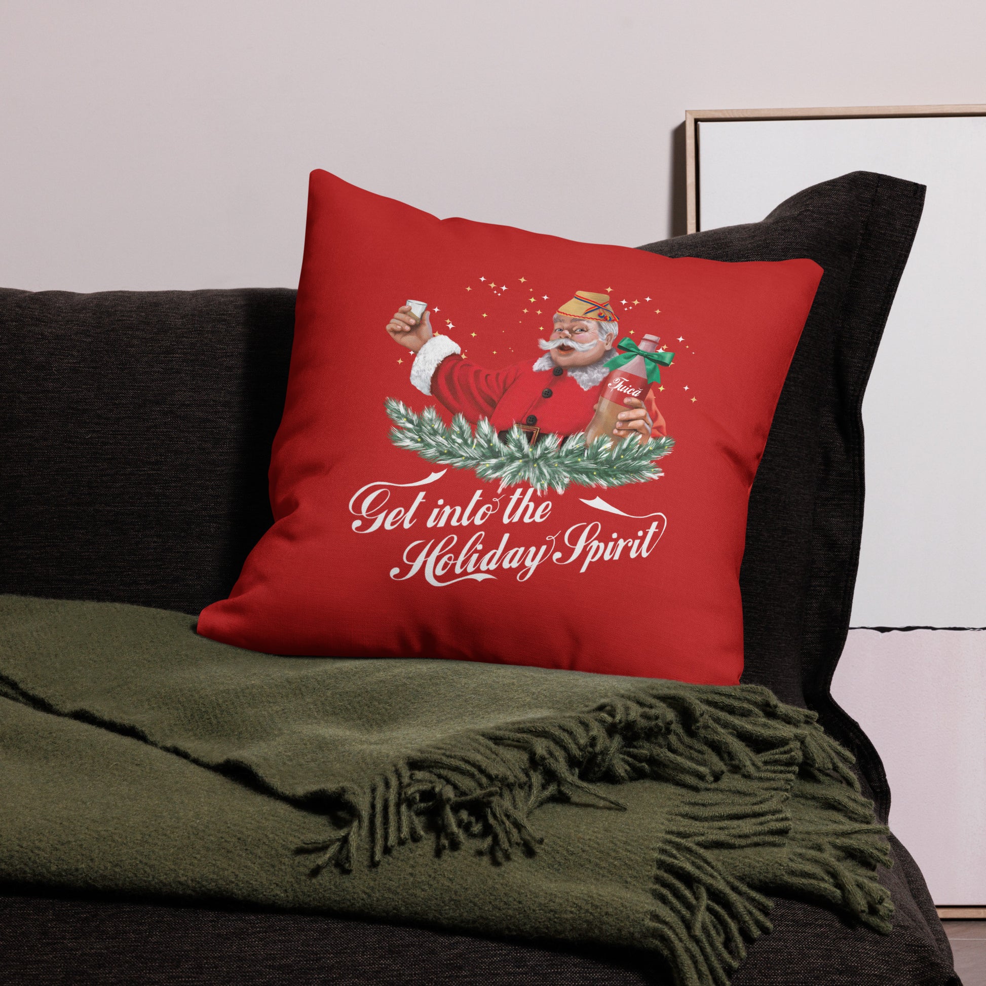 Red pillow cover featuring Romanian Santa with țuică bottle — funny Balkan Christmas decor