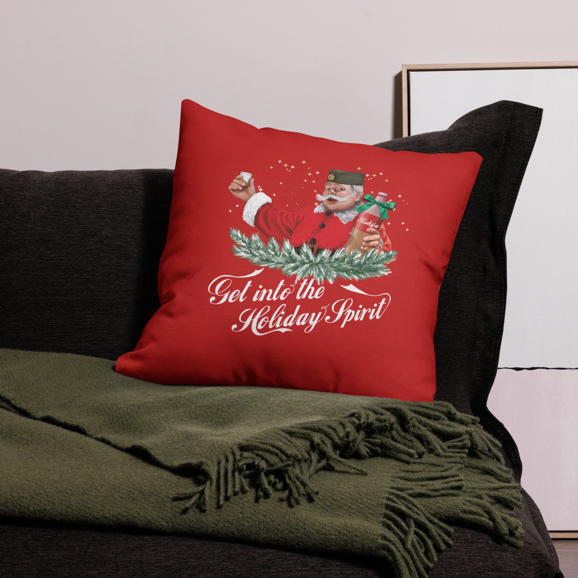 Red Christmas pillow featuring Serbian Santa holding rakija — funny Balkan holiday decor