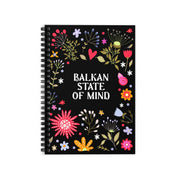Black Balkan State of Mind spiral notebook with colourful folk-inspired floral illustrations