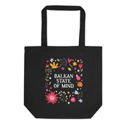 Black Balkan State of Mind tote bag with colourful folk-inspired floral illustrations