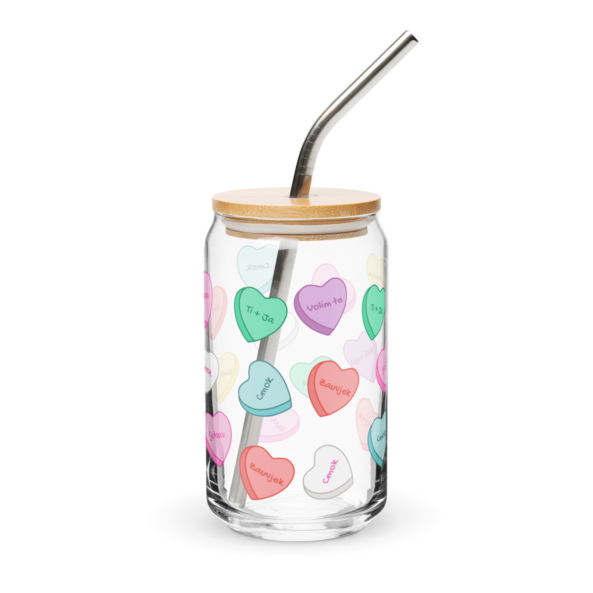Glass can cup with sweetheart-style candy hearts and romantic phrases.