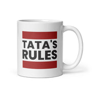 white mug with tata's rules text design in bold vintage lettering