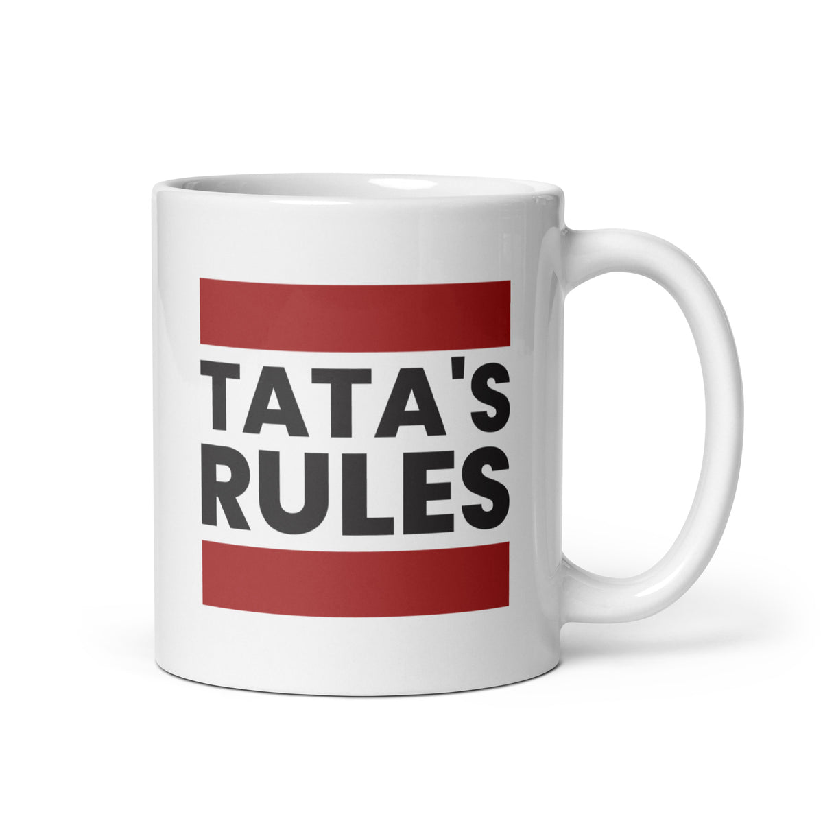 white mug with tata's rules text design in bold vintage lettering