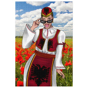 Albanian girl in traditional dress standing in a field of red poppies, 1000-piece puzzle design.