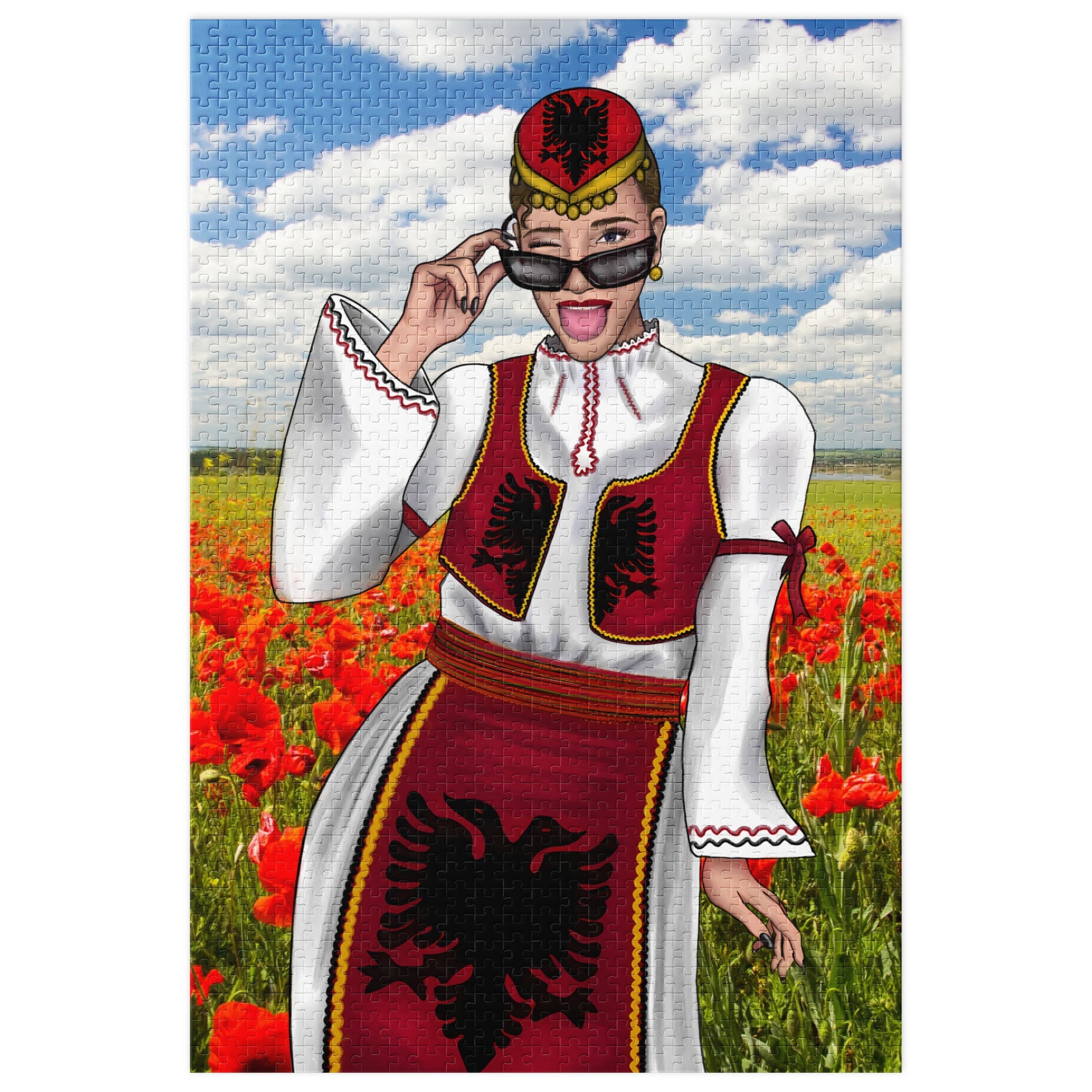 Albanian girl in traditional dress standing in a field of red poppies, 1000-piece puzzle design.