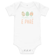 Albanian baby bodysuit with pastel Easter eggs and the phrase “Pashka ime e parë” meaning My First Easter in Albanian