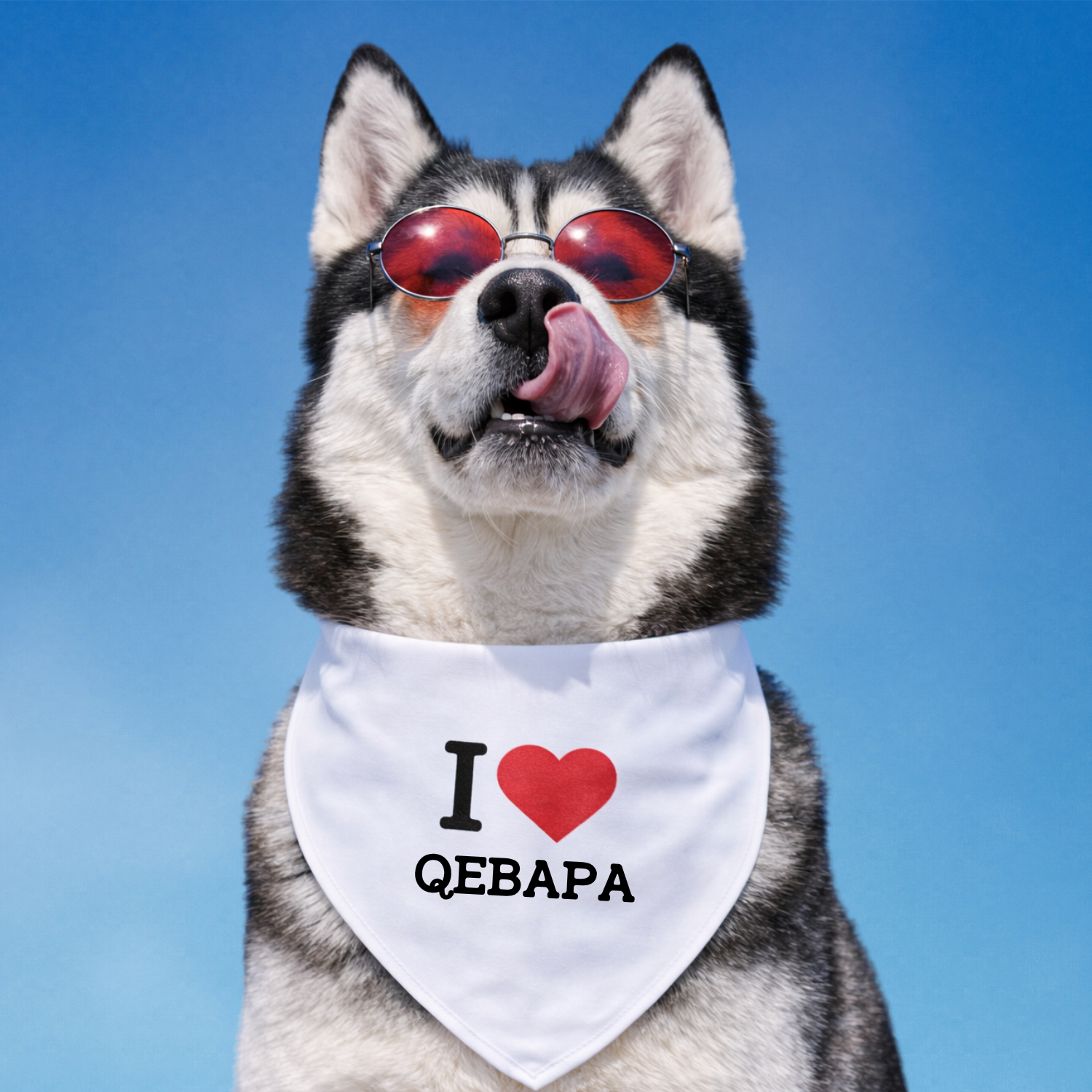 Dog wearing sunglasses and a bandana with 'I ❤️ QEBAPA' text against a blue sky.