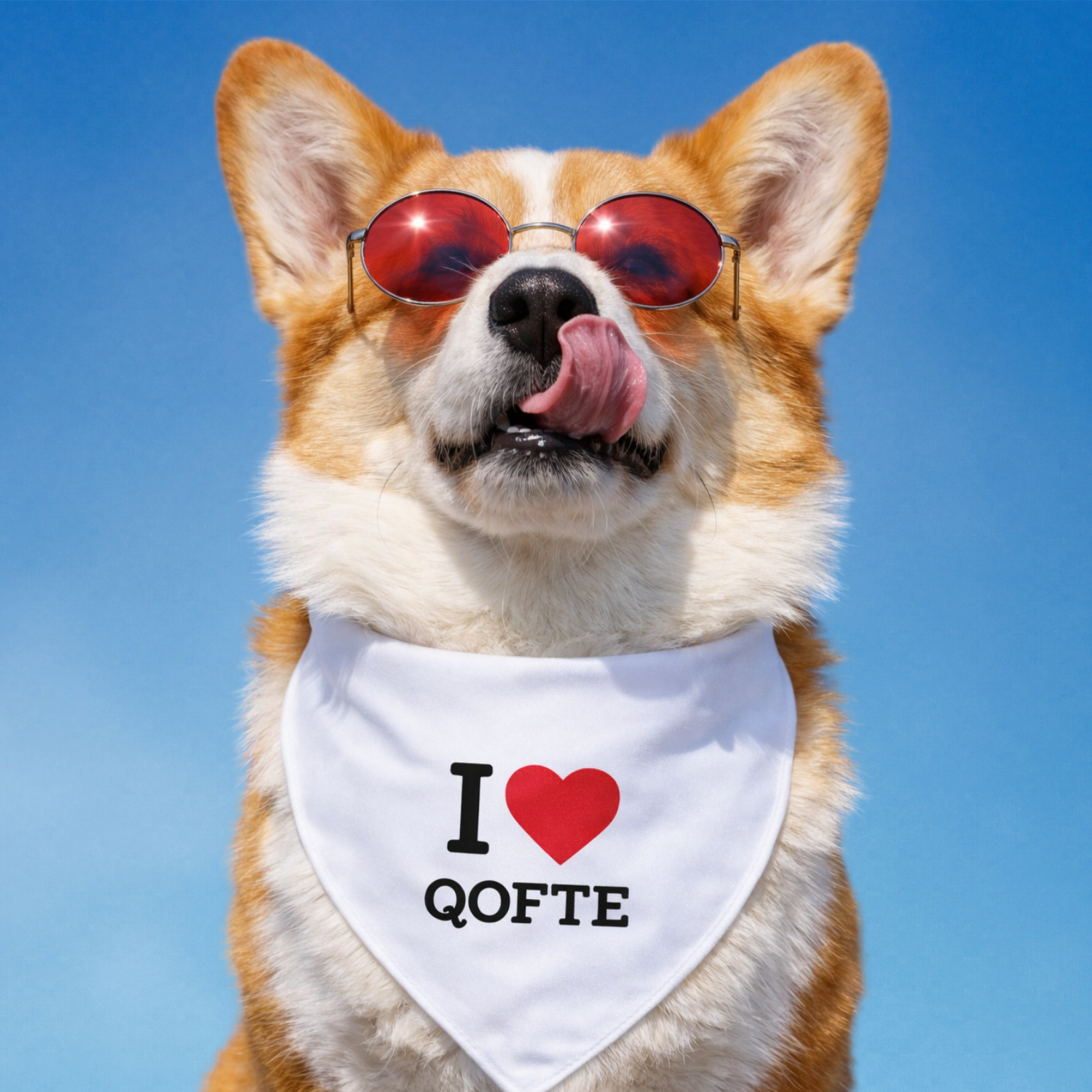Dog wearing white bandana that says I love qofte Albanian Balkan dog bandana