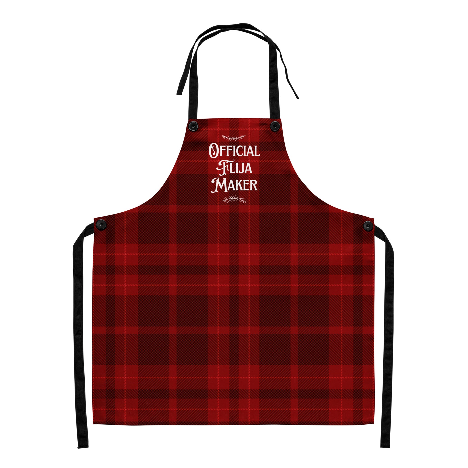 Albanian apron reading “Official Flija Maker” on a red plaid background.