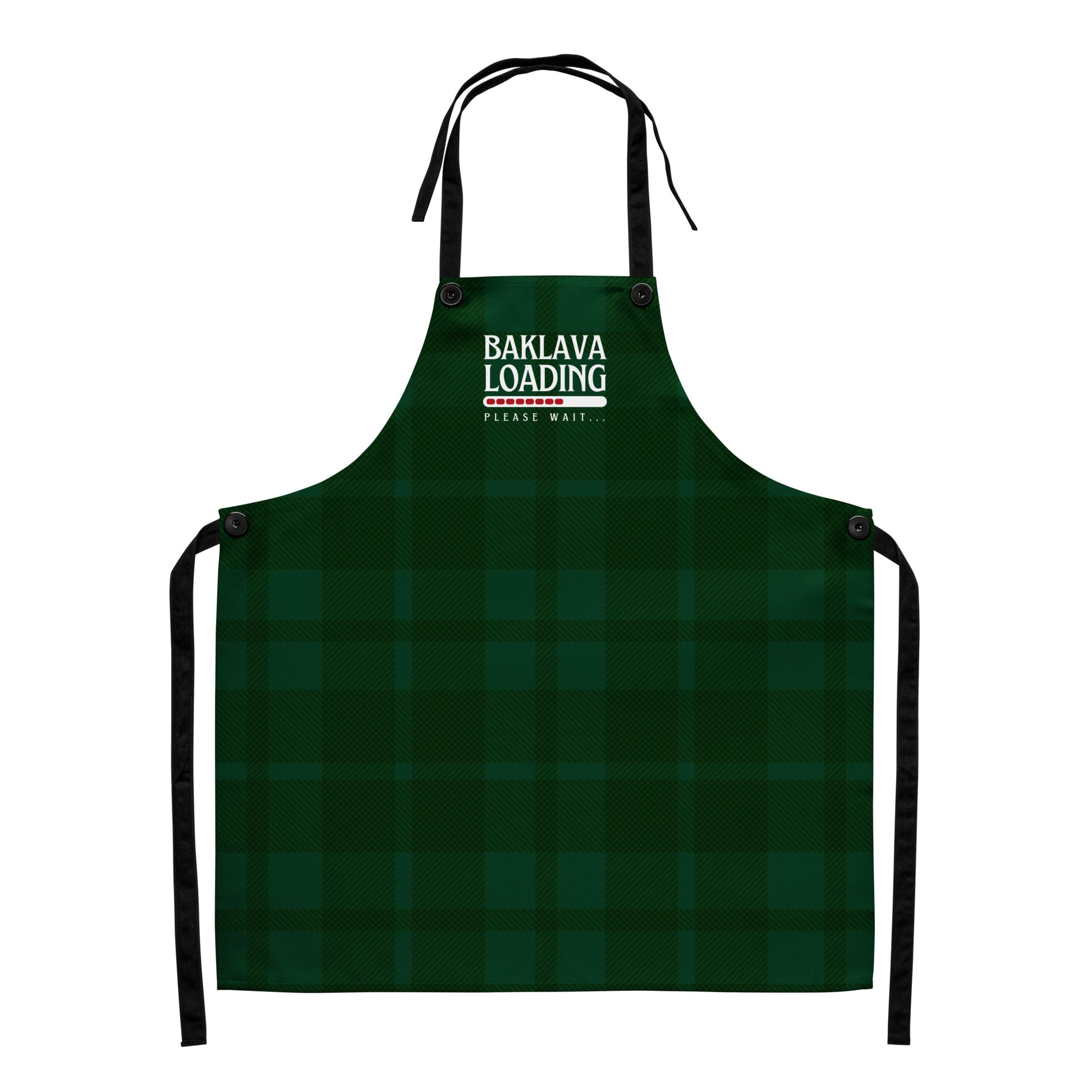 Balkan Christmas apron reading “Baklava Loading,” green plaid festive design.