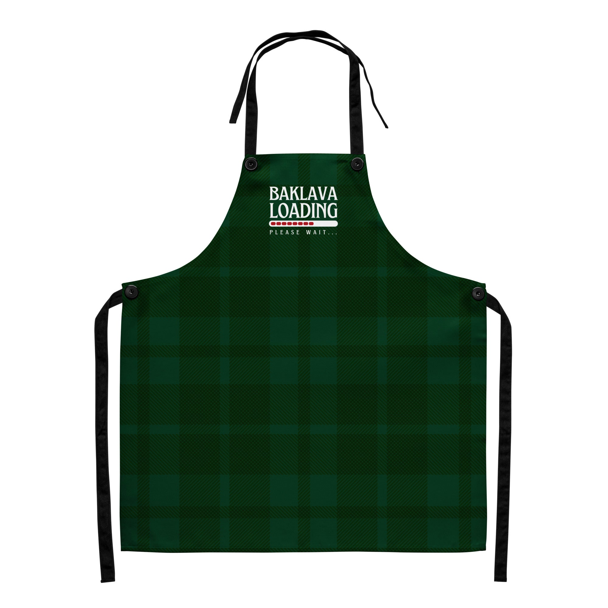 Balkan Christmas apron reading “Baklava Loading,” green plaid festive design.