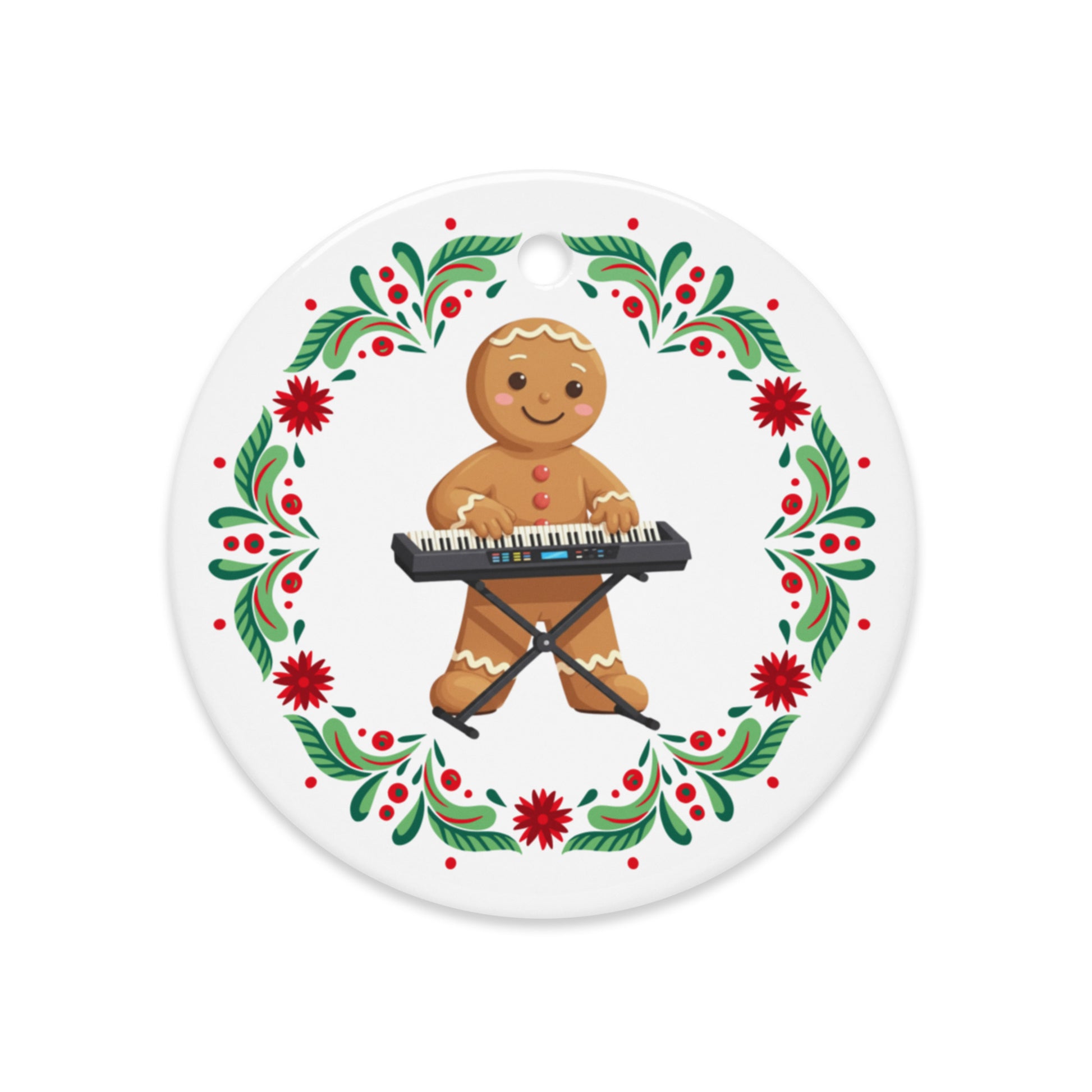 Balkan gingerbread man ornament playing keyboard with Christmas floral wreath.