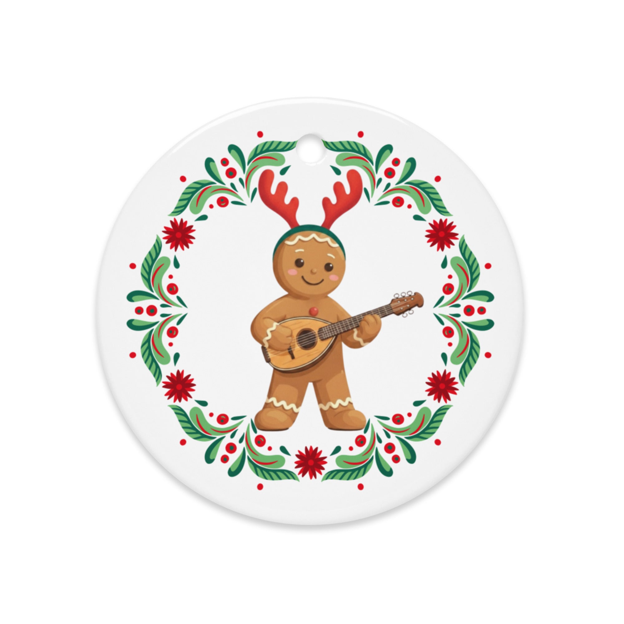 Balkan gingerbread man ornament playing tambura with Christmas wreath.