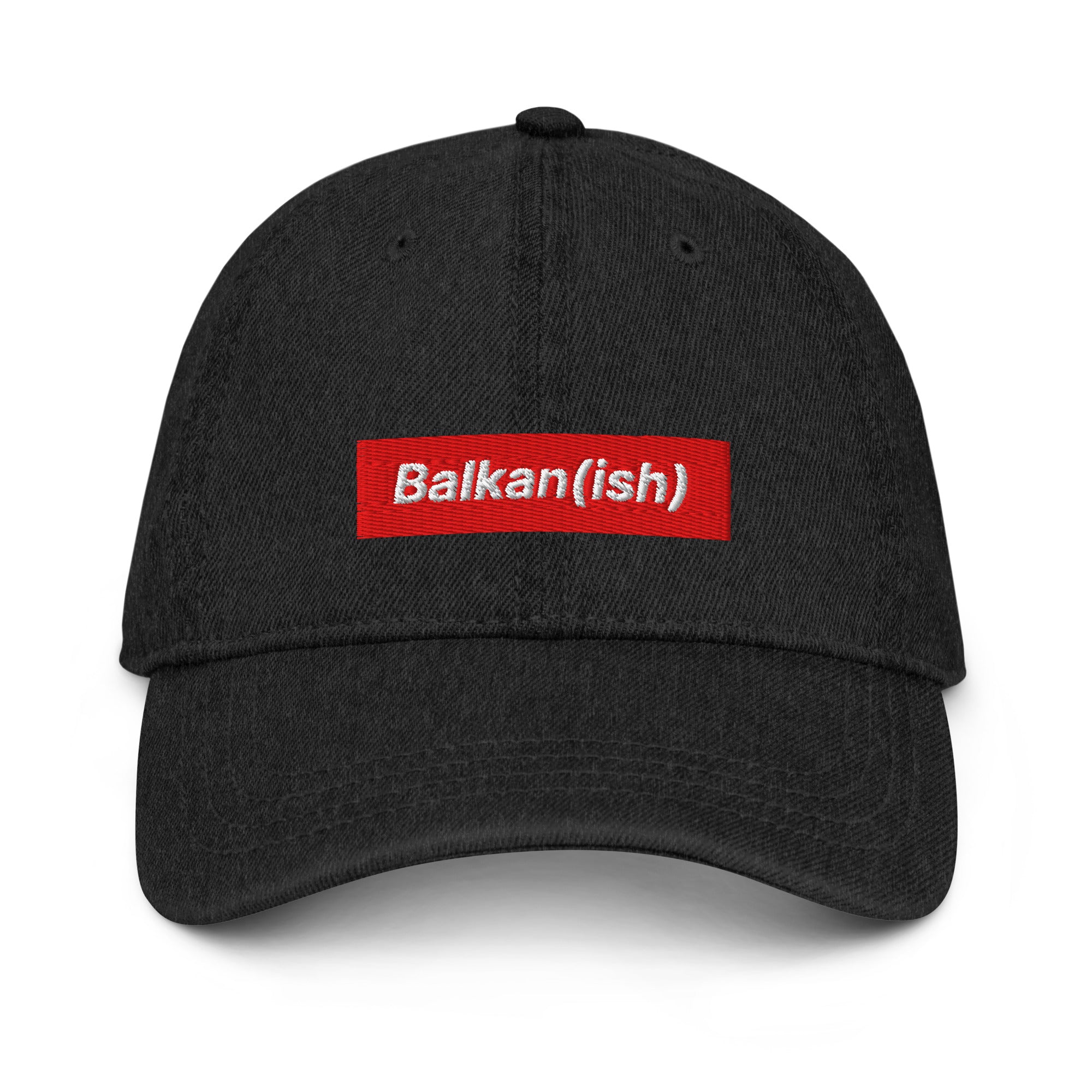 Balkan(ish) embroidered black denim hat with red patch and white lettering representing Balkan culture and diaspora identity