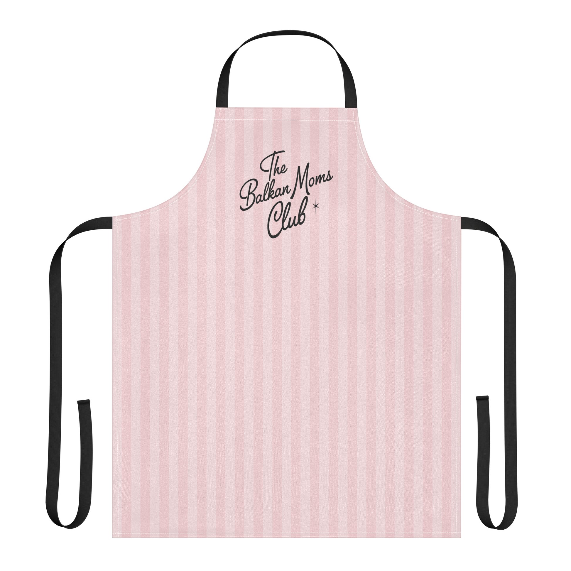Pink striped apron with the phrase “The Balkan Moms Club”