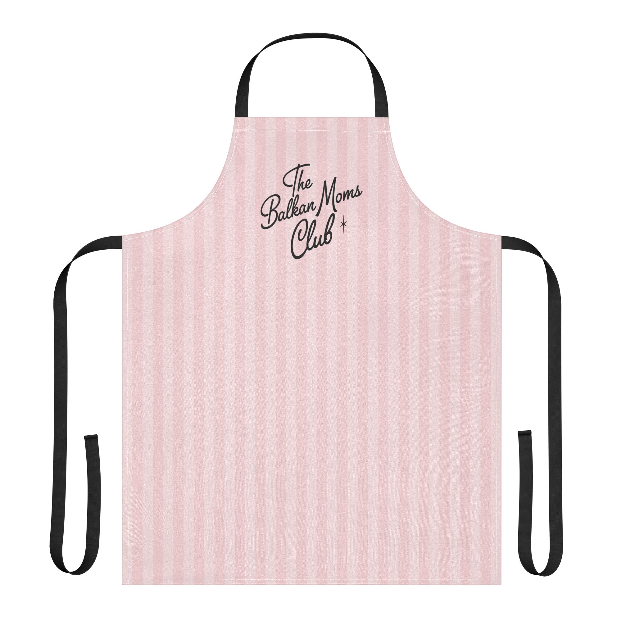 Pink striped apron with the phrase “The Balkan Moms Club”