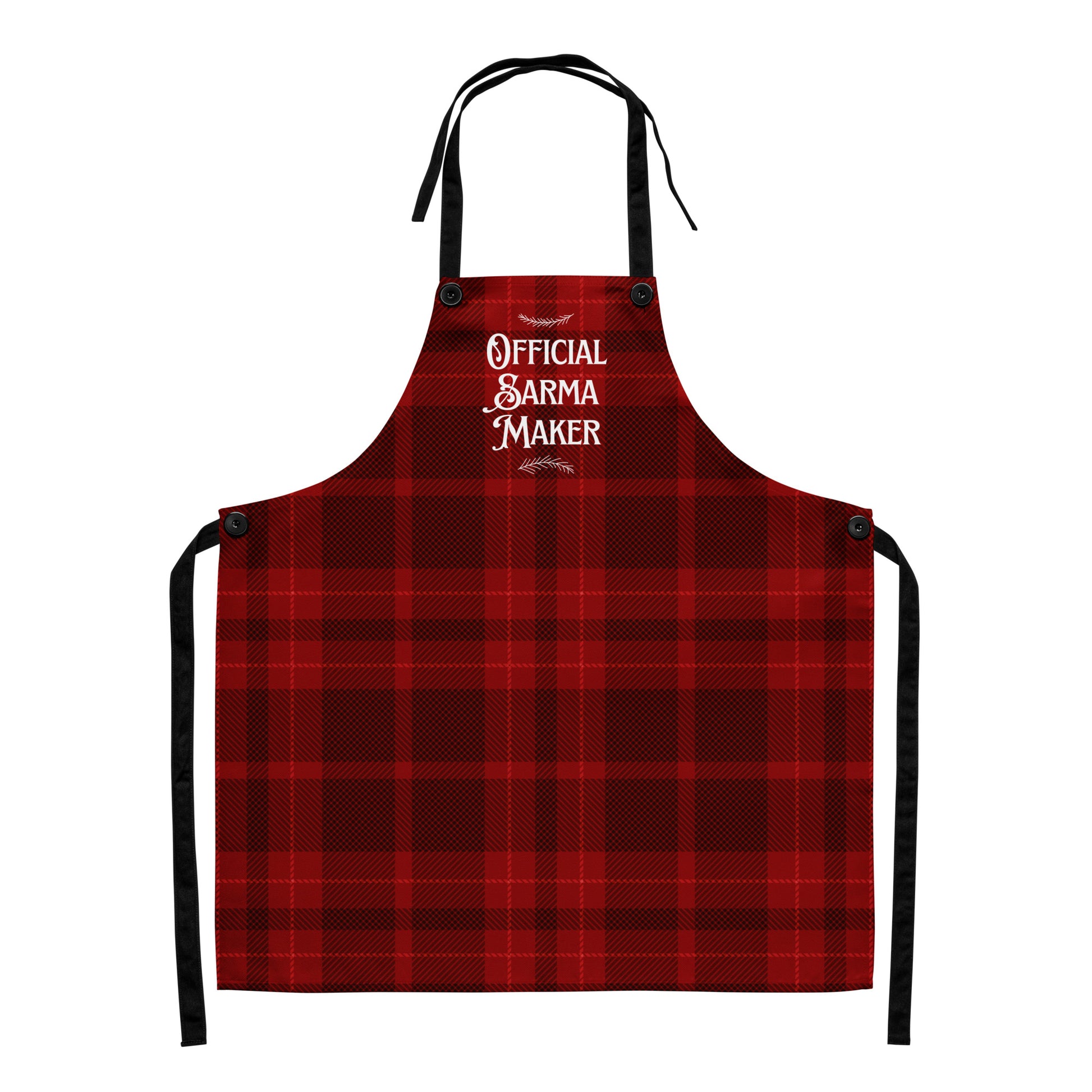 Balkan Christmas apron reading “Official Sarma Maker” on a red plaid background.