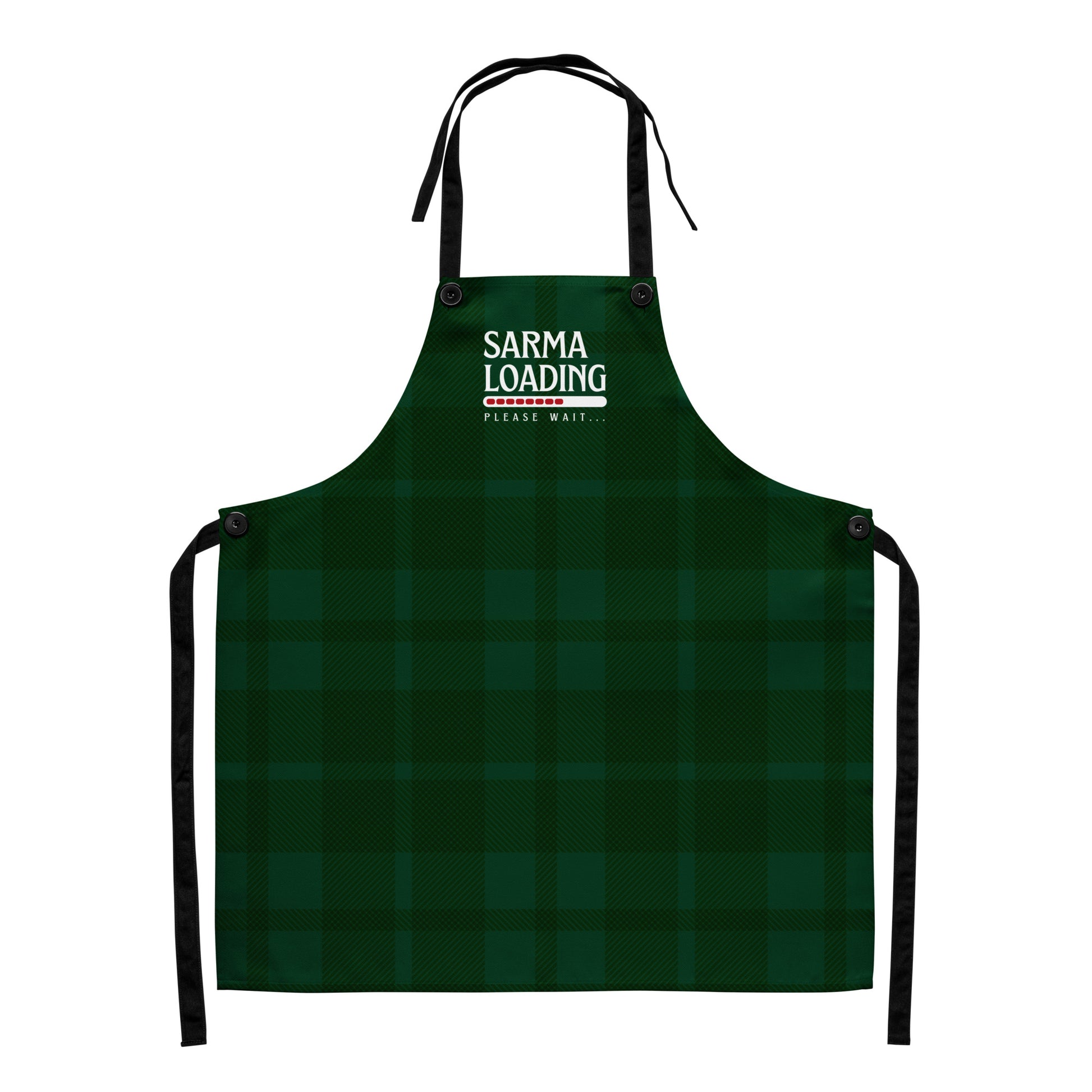 Balkan Christmas apron reading “Sarma Loading,” green plaid festive pattern.