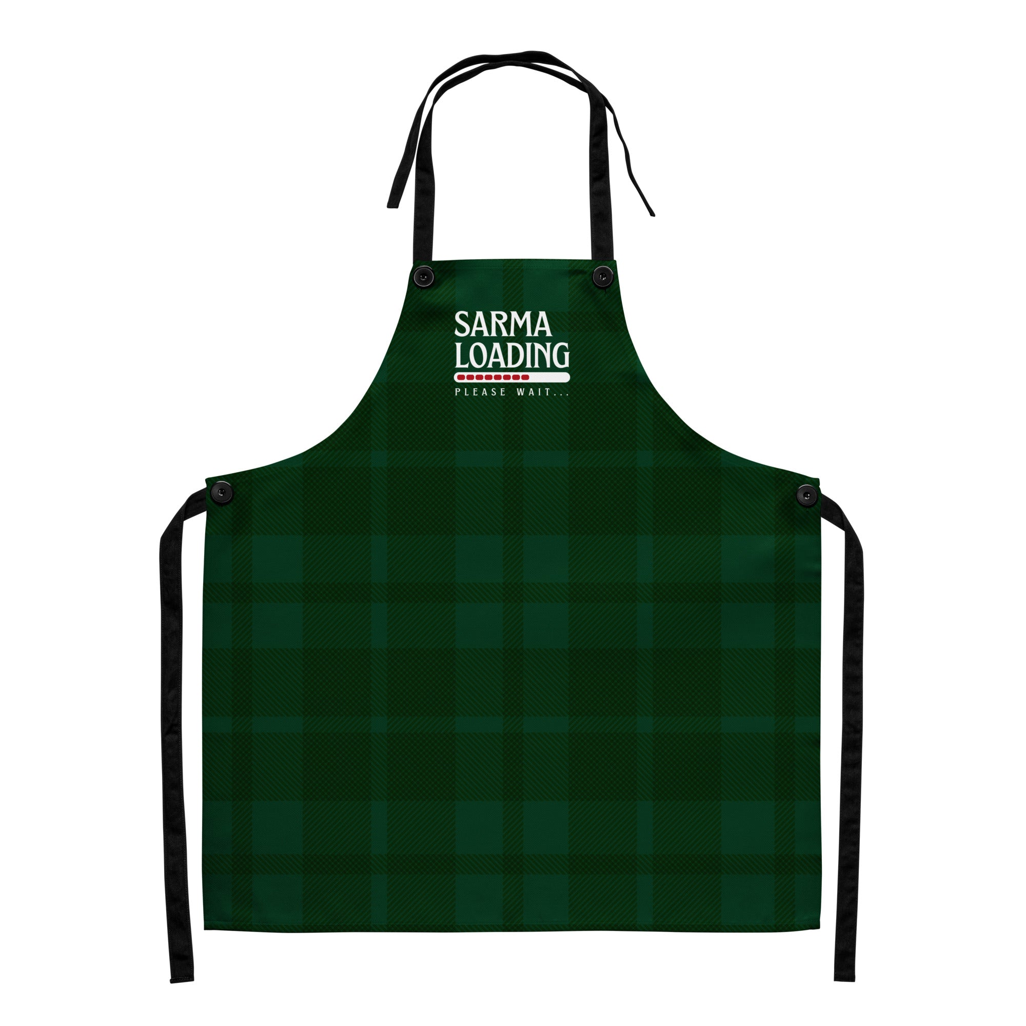 Balkan Christmas apron reading “Sarma Loading,” green plaid festive pattern.
