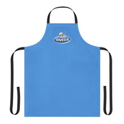 Blue Balkanish apron with “Queen” spice queen design and chef illustration, funny Balkan cooking apron for kitchen and BBQ