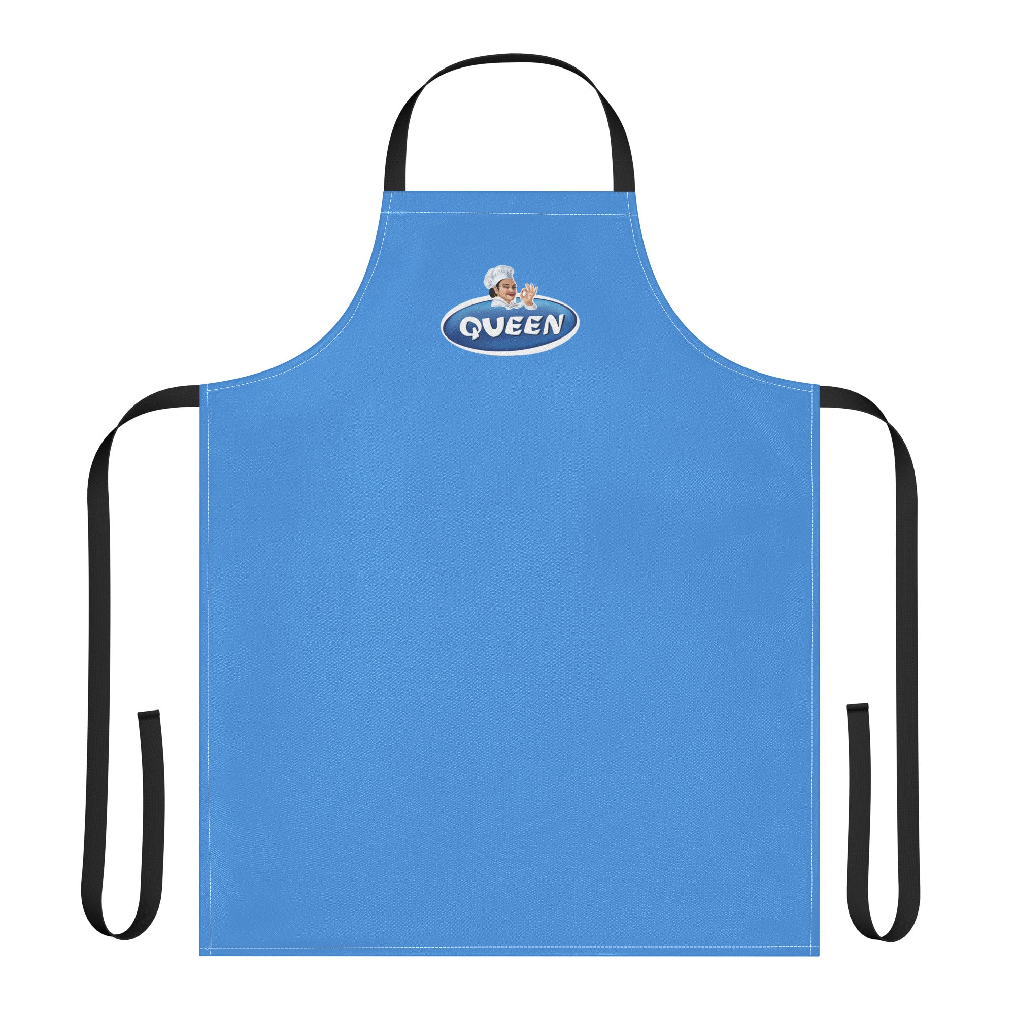 Blue Balkanish apron with “Queen” spice queen design and chef illustration, funny Balkan cooking apron for kitchen and BBQ