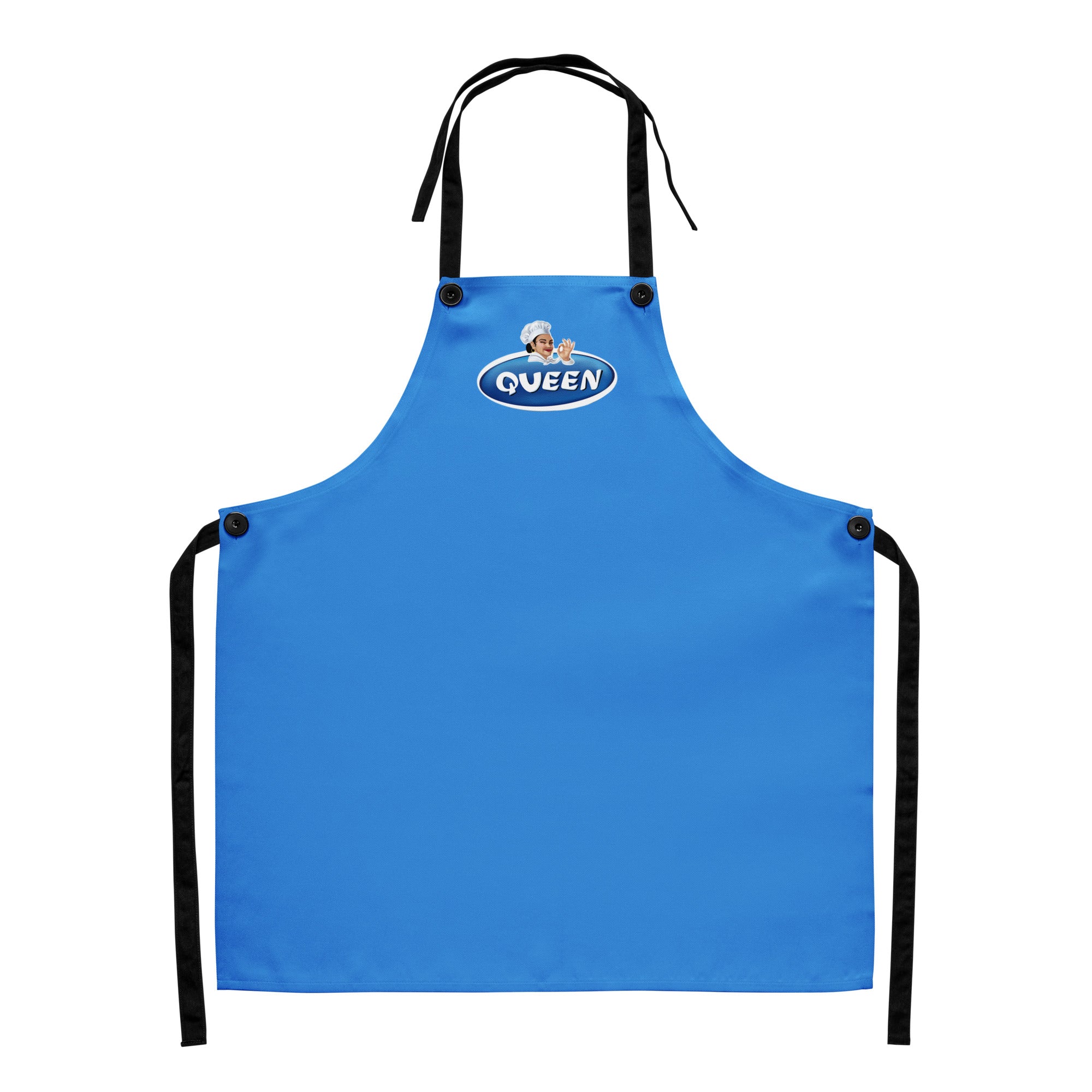 Apron reading “Balkan Spice Queen,” blue spice-inspired design, fun Balkan kitchen gift.