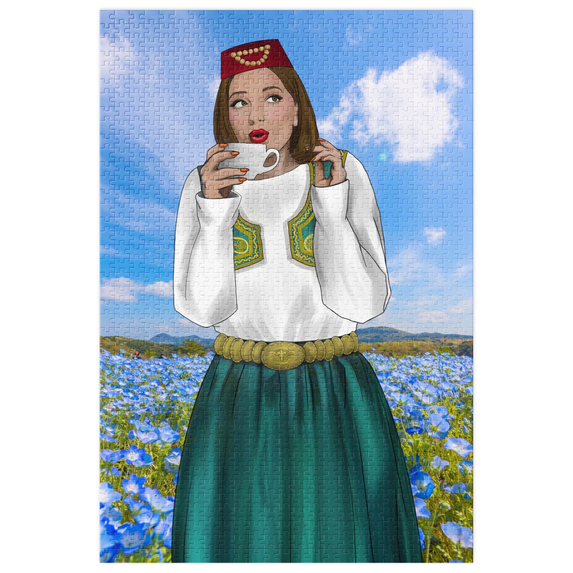 Bosnian girl in traditional attire standing in a field of blue wildflowers, 1000-piece puzzle.