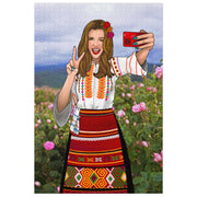 Bulgarian girl in traditional dress among pink roses, 1000-piece puzzle.