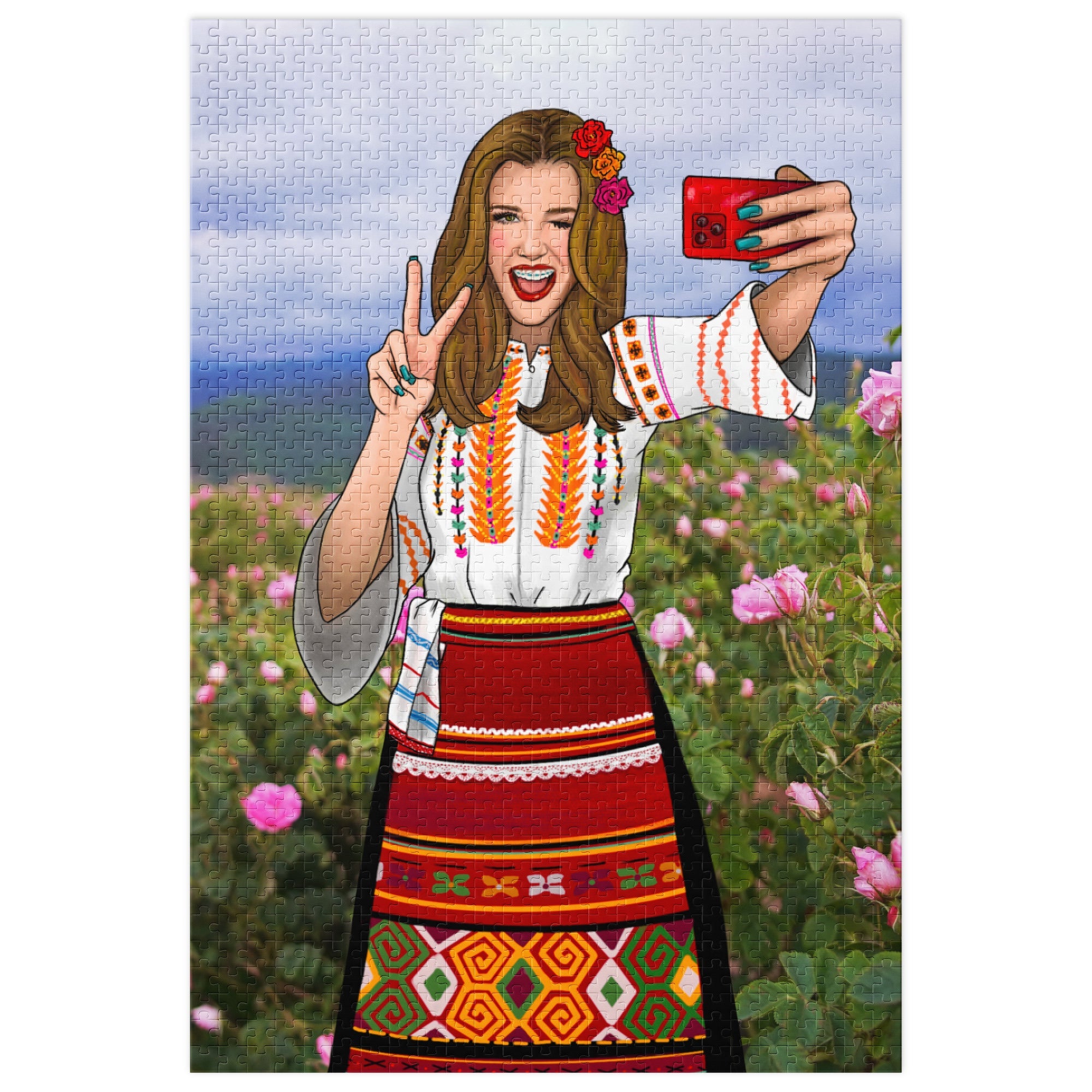 Bulgarian girl in traditional dress among pink roses, 1000-piece puzzle.