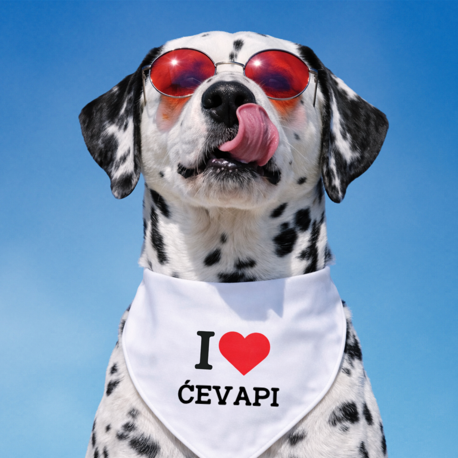 Dog wearing white bandana that says I love ćevapi Croatian Balkan dog bandana