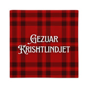 Albanian “Gëzuar Krishtlindjet” Christmas pillowcase with red plaid festive background.