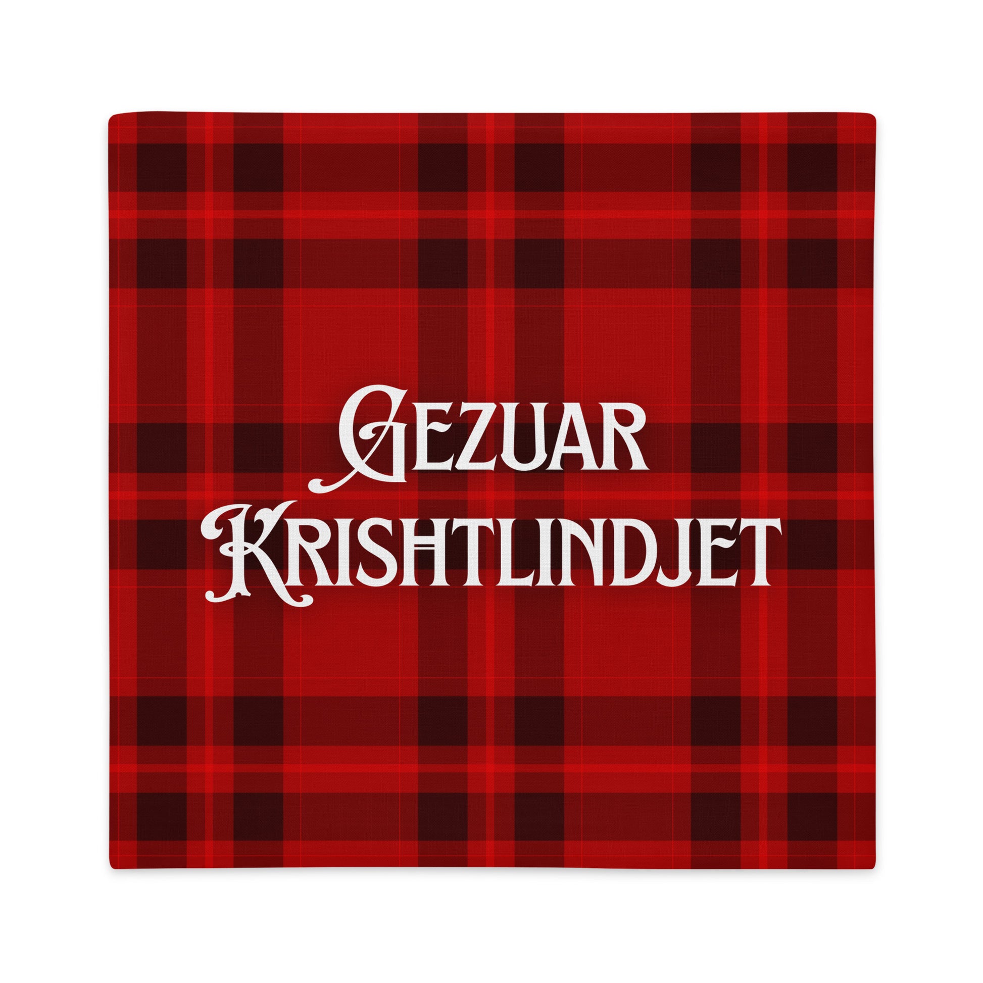 Albanian “Gëzuar Krishtlindjet” Christmas pillowcase with red plaid festive background.