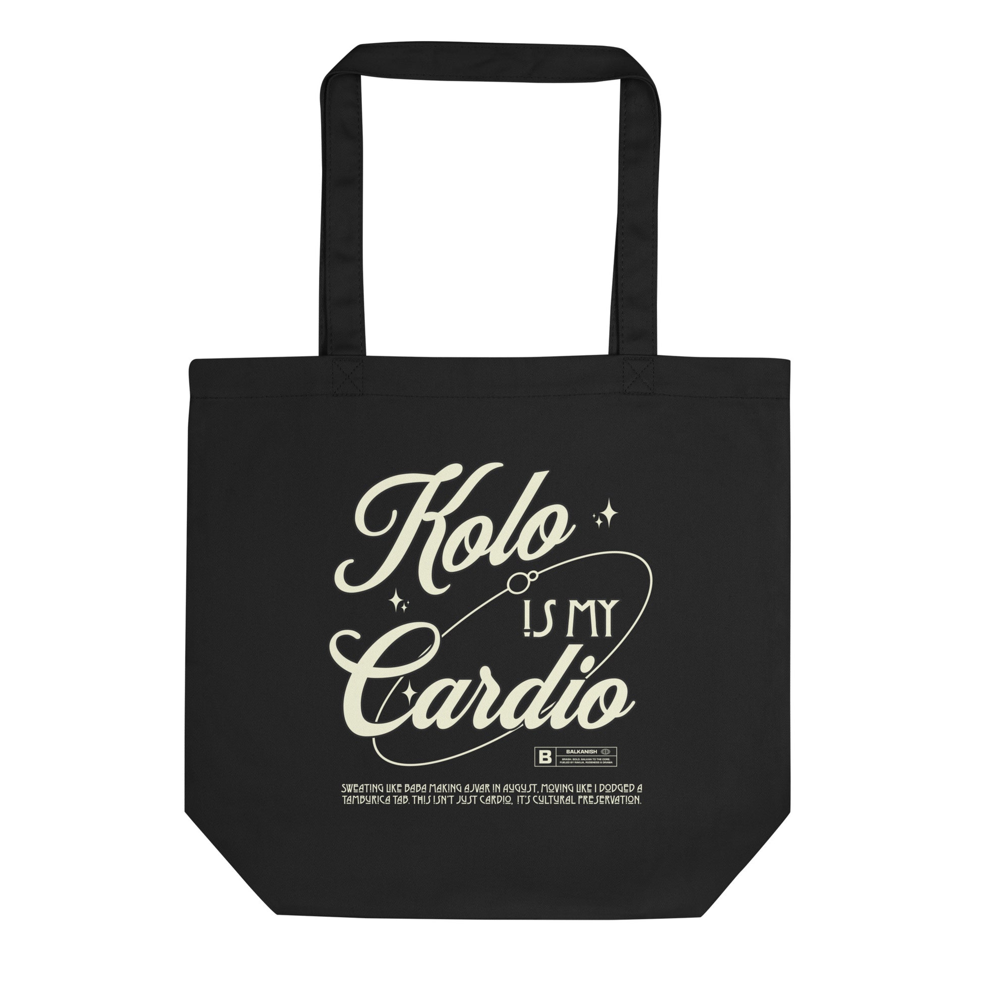 “Kolo Is My Cardio” Balkan dance tote bag with vintage script.