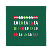 Funny Balkan “Kuku Lele” Christmas pillowcase replacing “Fa La La” with “Kuku Lele” in festive colors on green background.