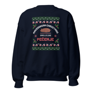 Macedonian Christmas crewneck reading “Smells Like Pečenje,” festive roast theme, Balkanish design.