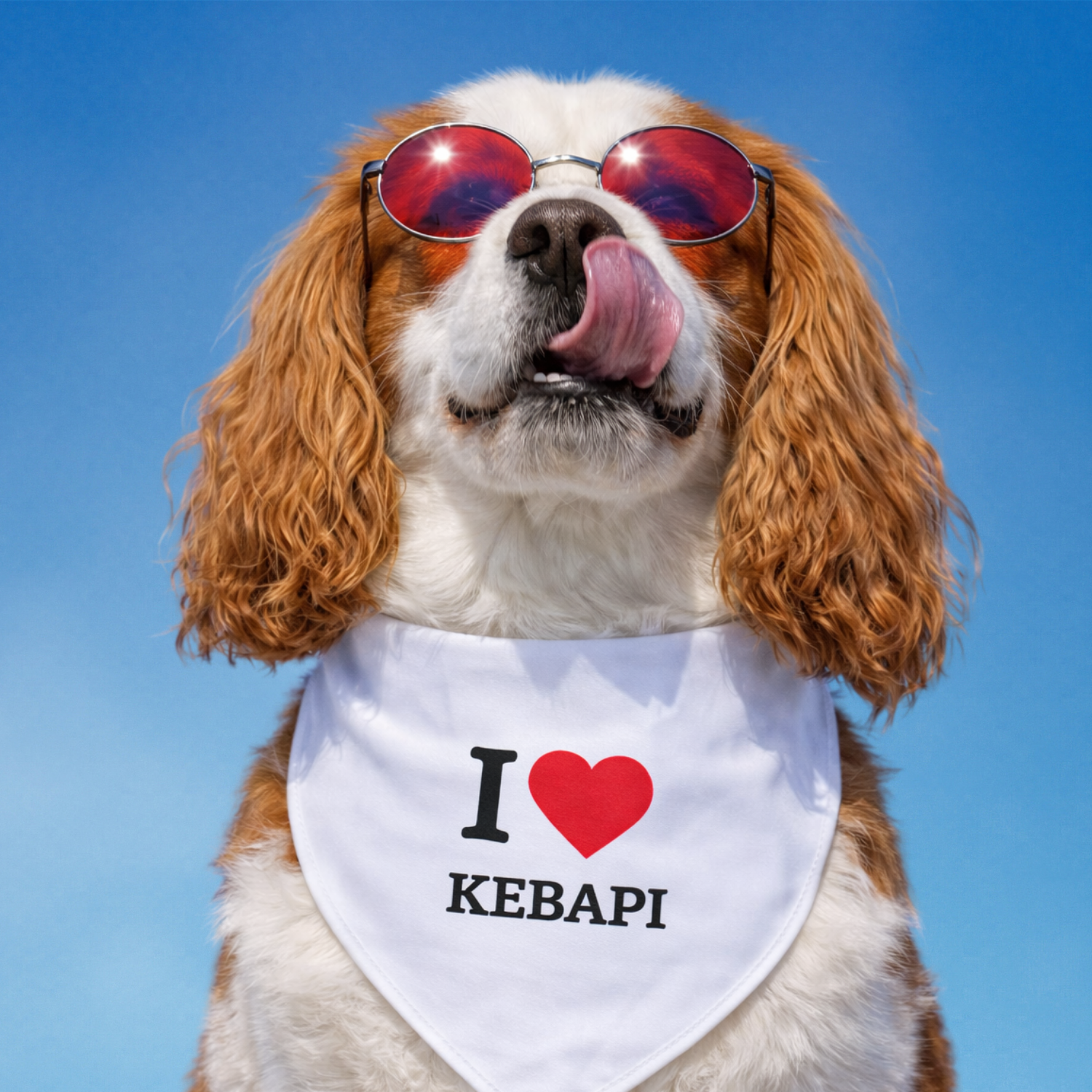 Dog wearing white bandana that says I love kebapi Macedonian Balkan dog bandana