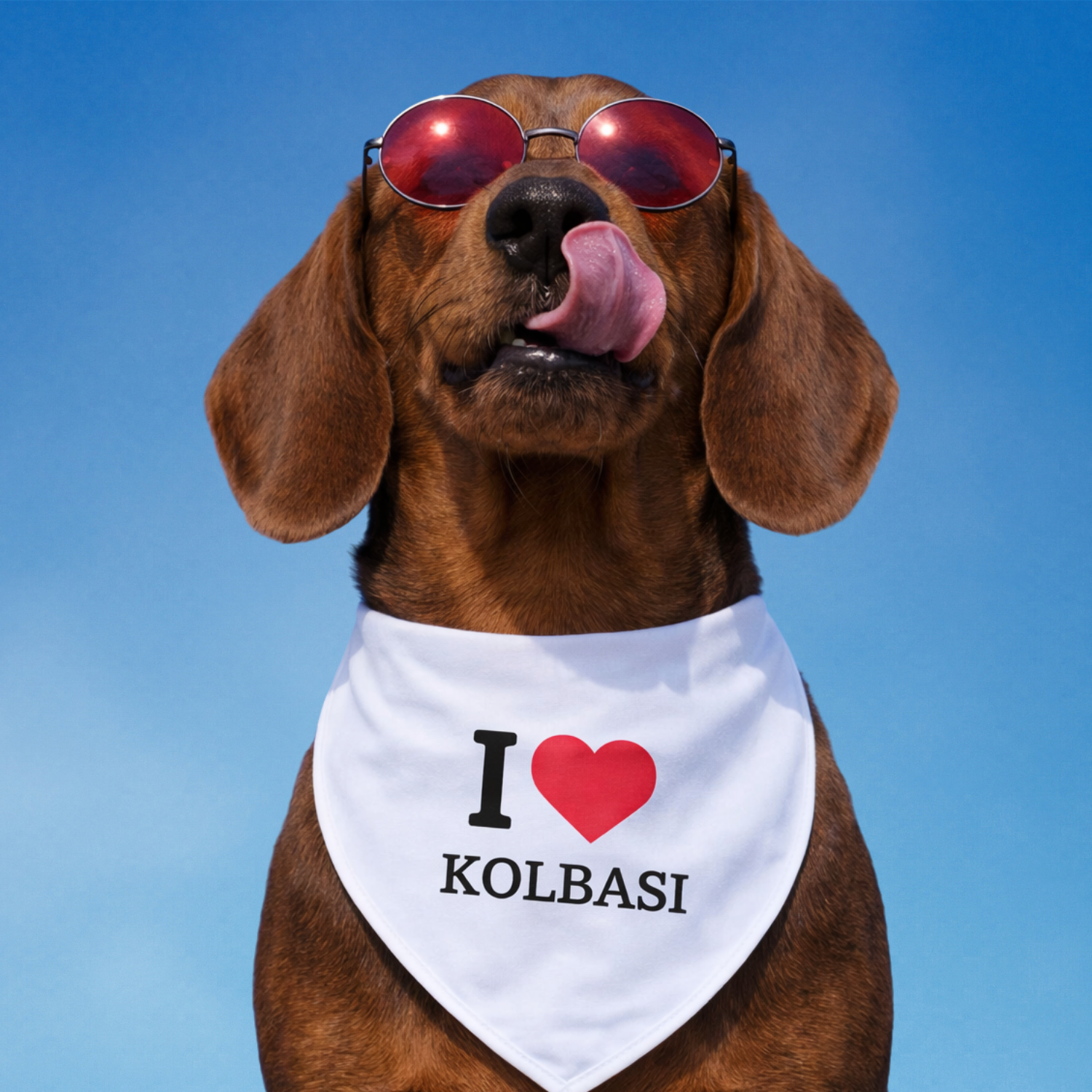Dog wearing white bandana that says I love kolbasi Macedonian Balkan dog bandana