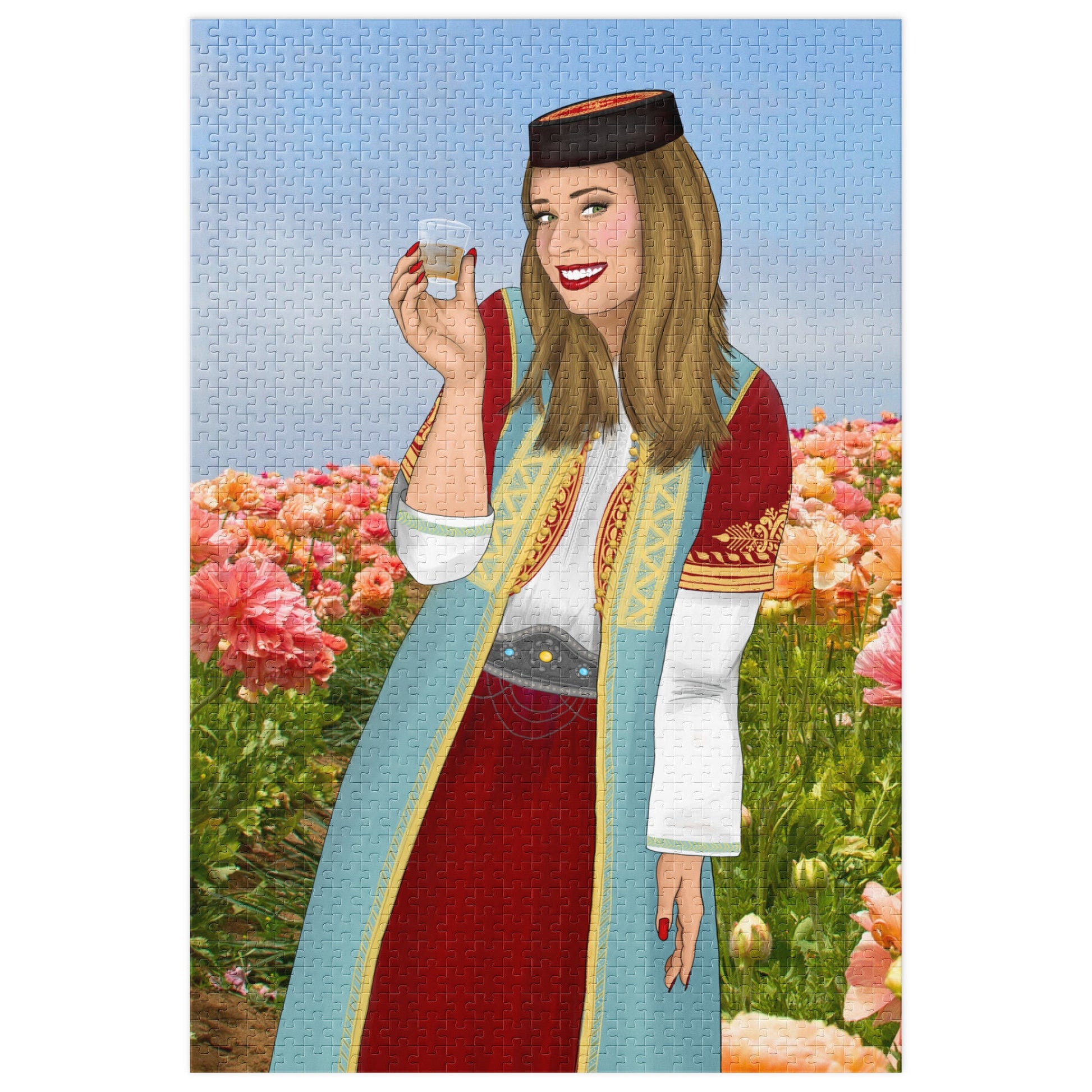 Montenegrin girl in traditional dress surrounded by warm pink flowers, 1000-piece puzzle.