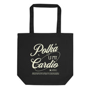Slovenian “Polka Is My Cardio” tote bag in vintage script, dance theme.