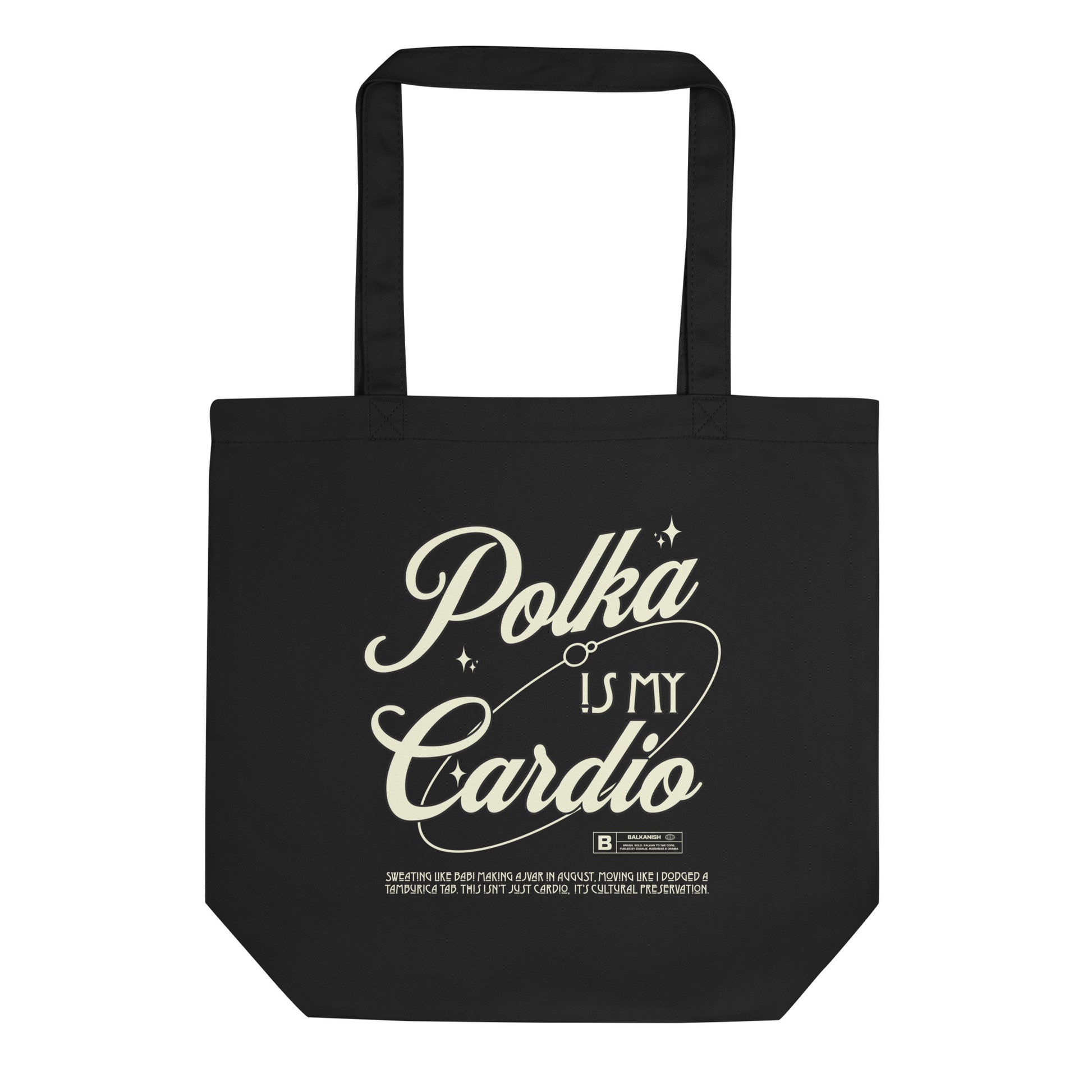 Slovenian “Polka Is My Cardio” tote bag in vintage script, dance theme.