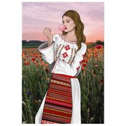 Romanian girl in traditional clothing standing in a sunset flower field, 1000-piece puzzle.