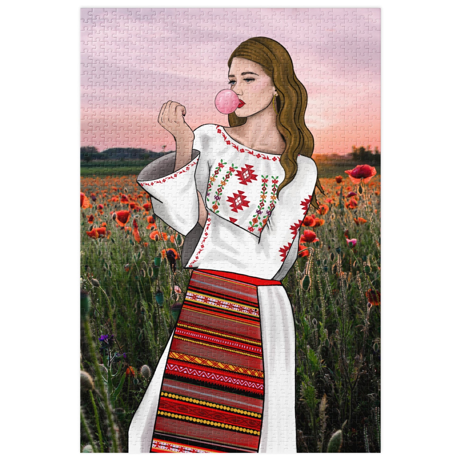 Romanian girl in traditional clothing standing in a sunset flower field, 1000-piece puzzle.