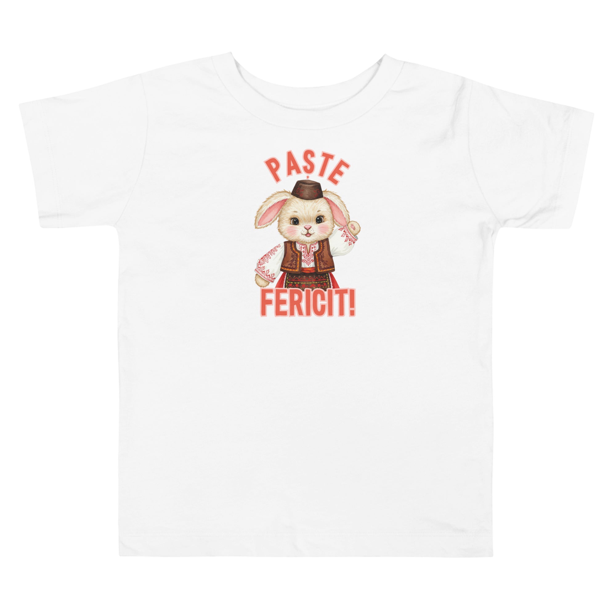 Toddler shirt with bunny wearing traditional Romanian clothing and the phrase “Paște Fericit” meaning Happy Easter in Romanian