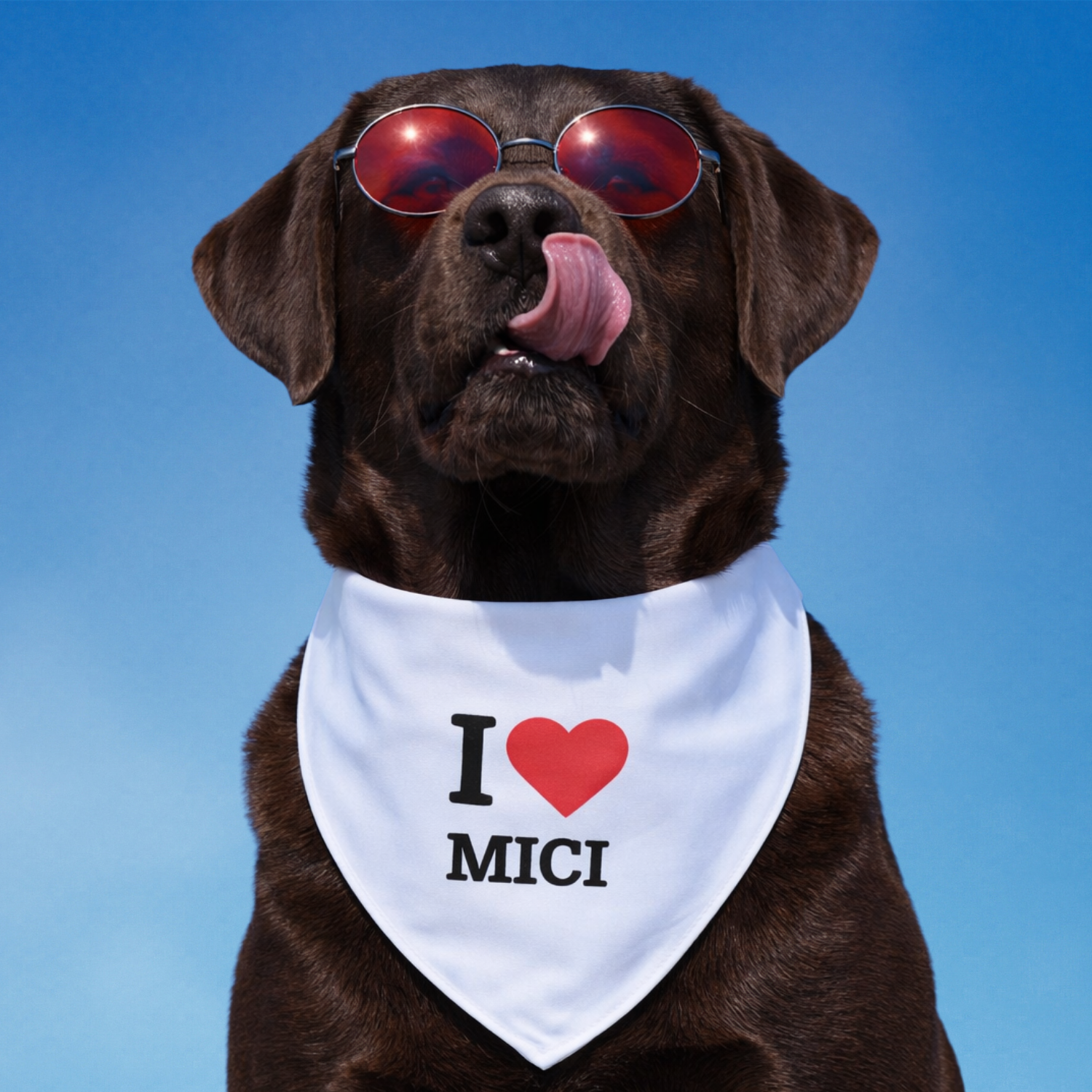 Dog wearing white bandana that says I love mici Romanian Balkan dog bandana