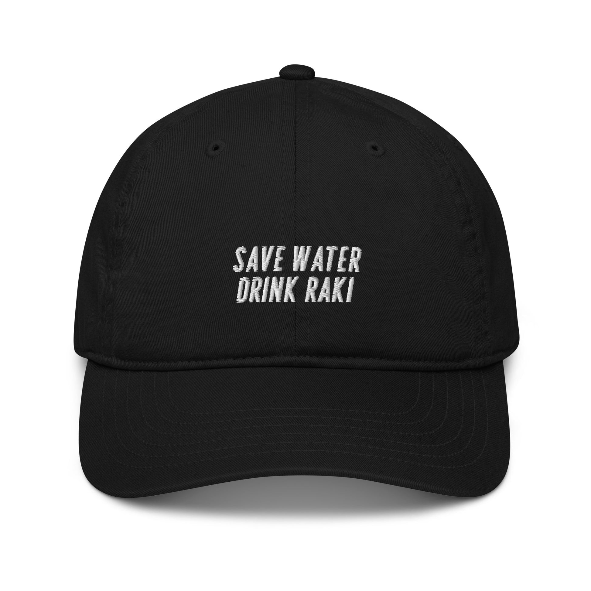 Embroidered hat reading “Save Water, Drink Raki.”